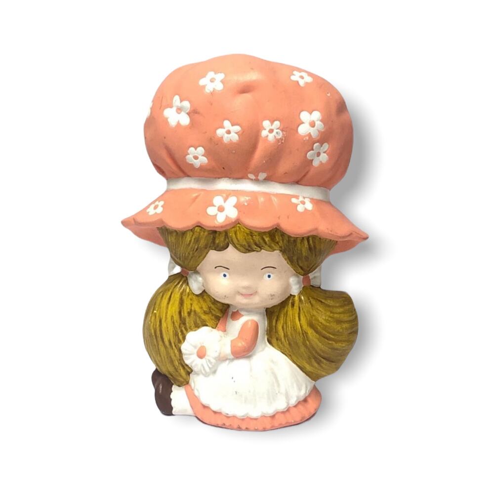 Vintage 1970's Big Bonnet Girl Hand Painted Ceramic 7" Tall Peach White Flowers